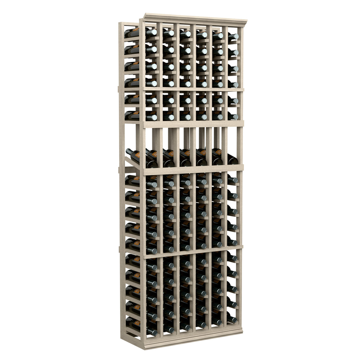 6-column wine bottle display rack with gray-finished wood frame and bottle slots