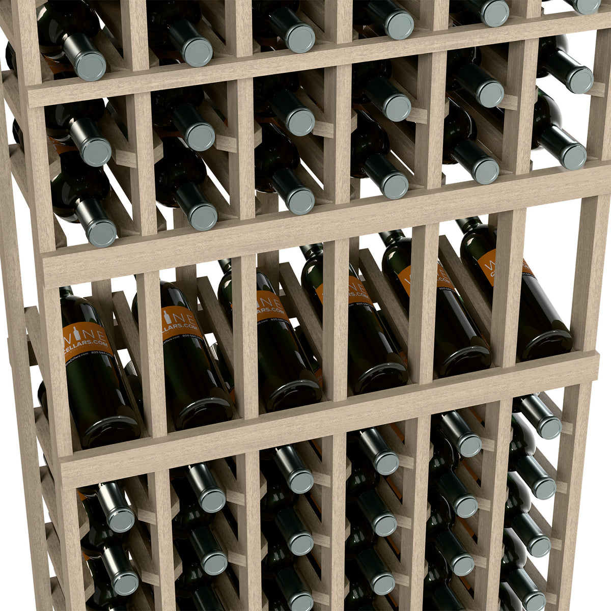 Close-up of 6-column wine rack showing bottle necks in gray wood grid