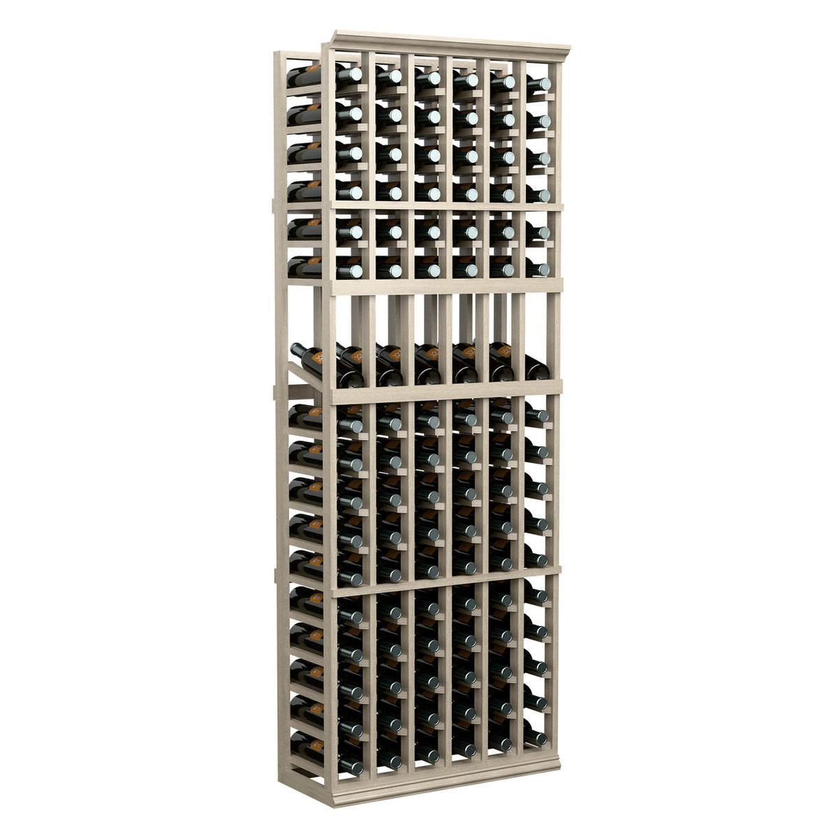 6-column wine bottle display rack with gray wood frame and rows of bottle openings