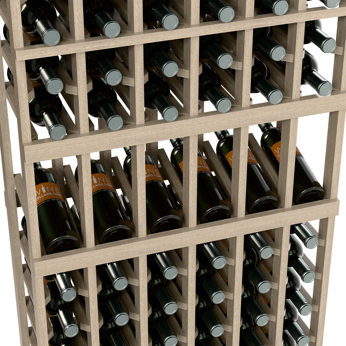 Close-up of 6-column wine rack with gray wood dividers and bottle tops