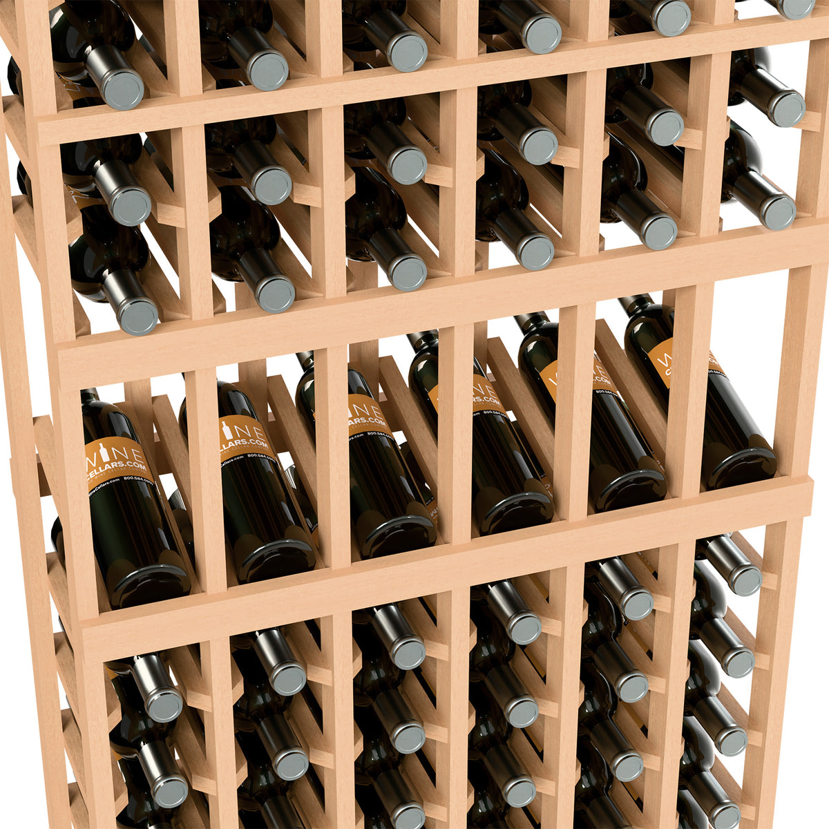 Close-up of 6-column wine rack showing bottles in light wood grid cells