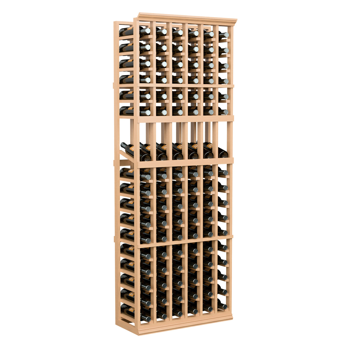 6-column wine bottle display rack with light wood frame and front row bottle openings