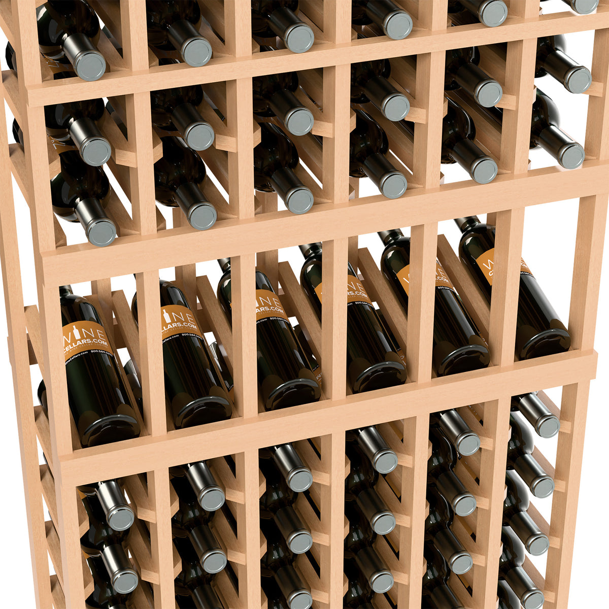 Close-up of 6-column wine rack with light wood dividers and bottle necks