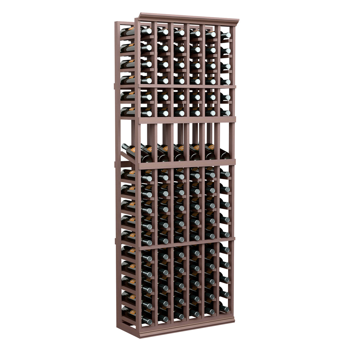 6-column wine bottle display rack with dark wood frame and multi-row bottle slots