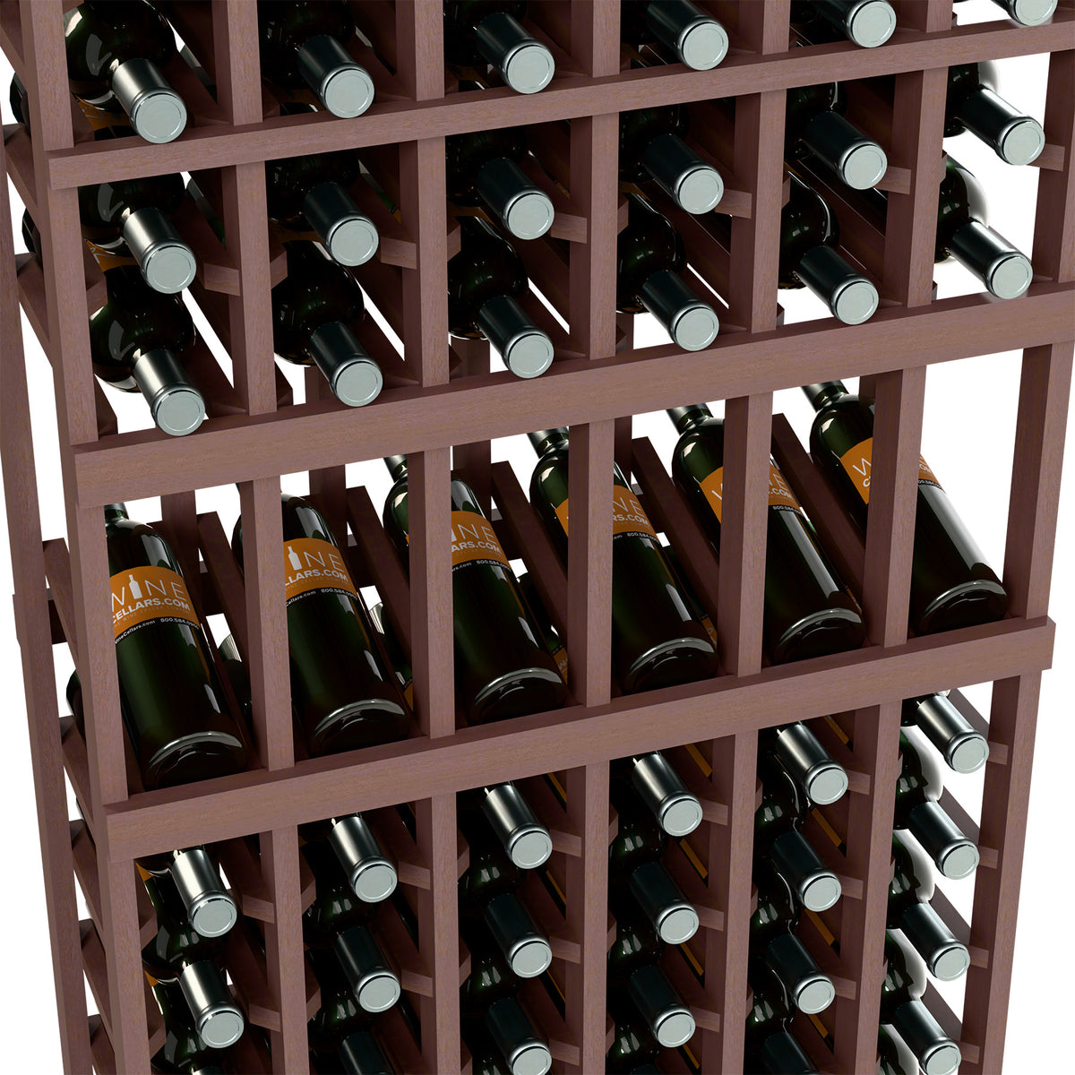 Close-up of 6-column wine rack showing bottles in dark wood grid compartments