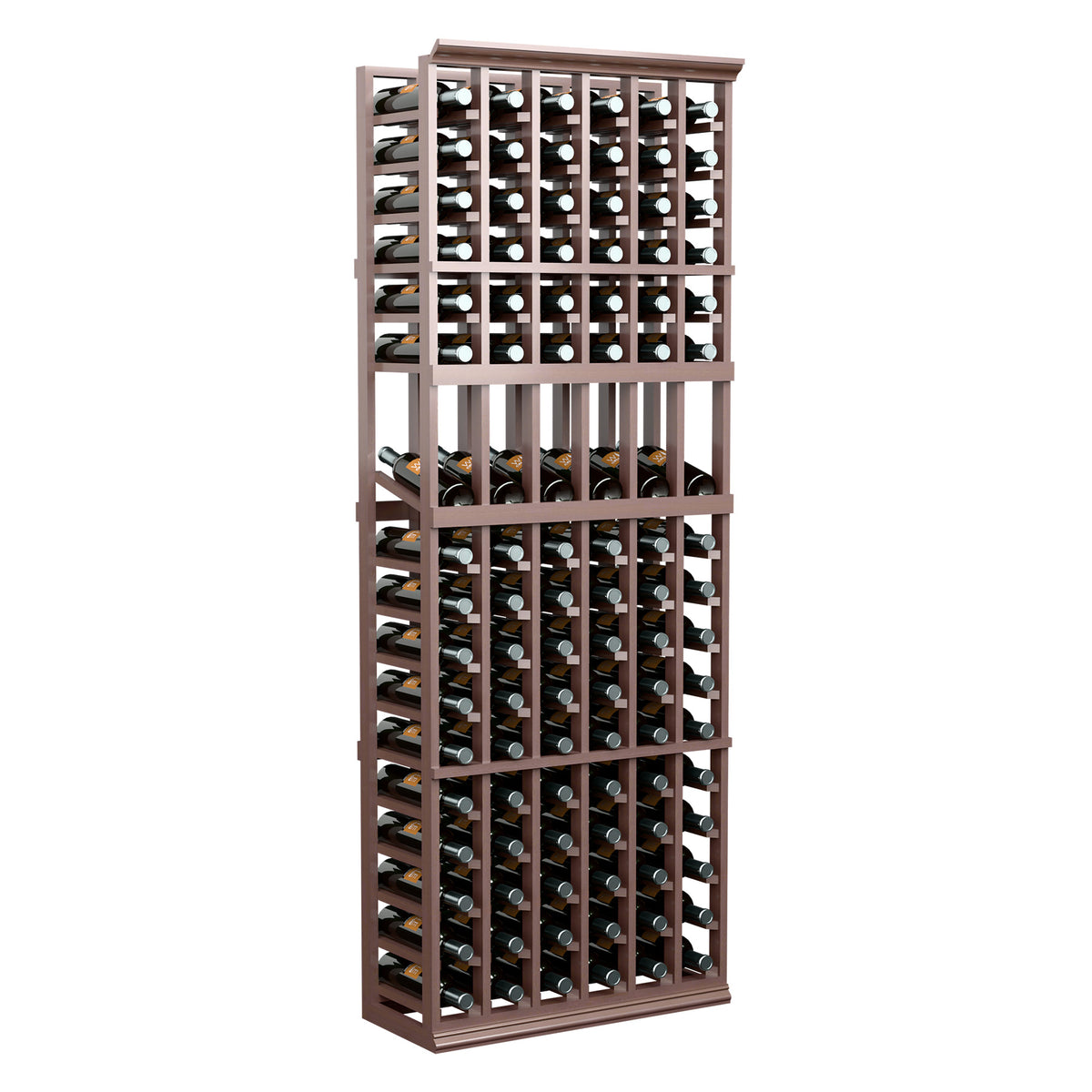 6-column wine bottle display rack with dark wood frame and neatly stored bottles