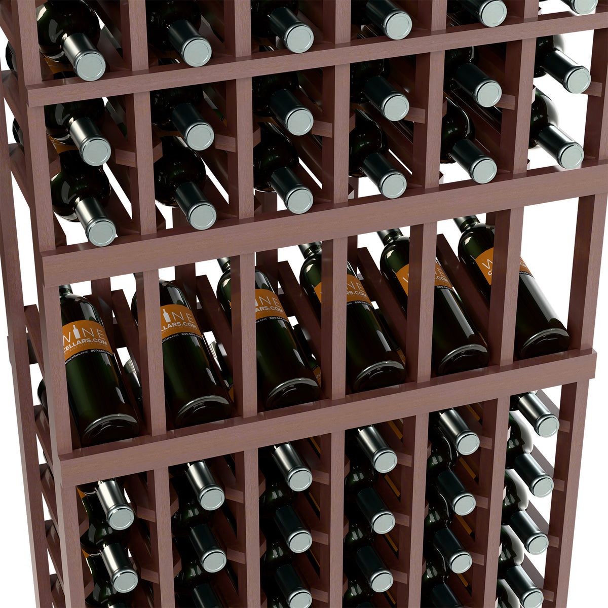 Dark wood wine bottle rack close-up with square cubbies holding bottles
