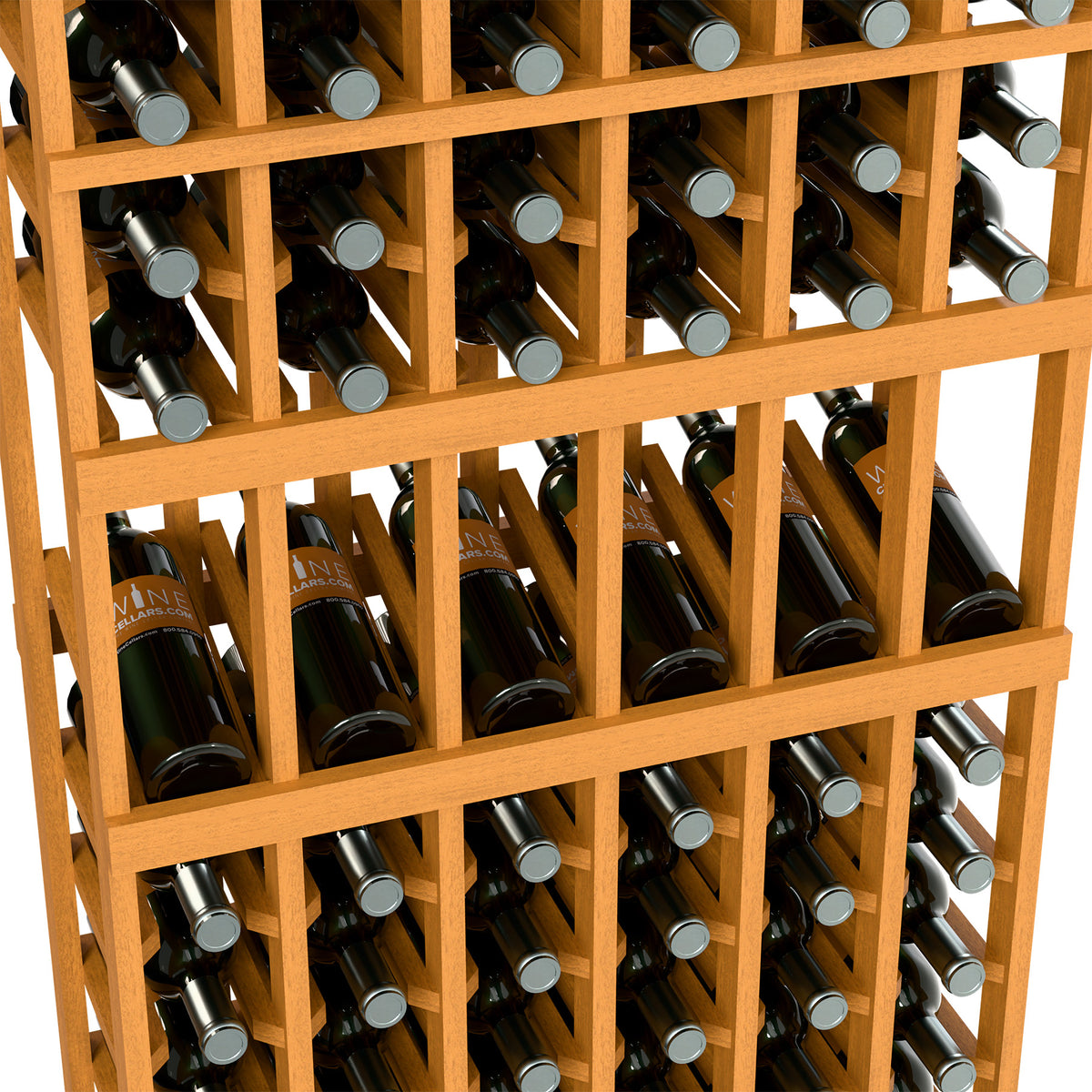 Light wood wine bottle rack close-up with square cubbies holding bottles