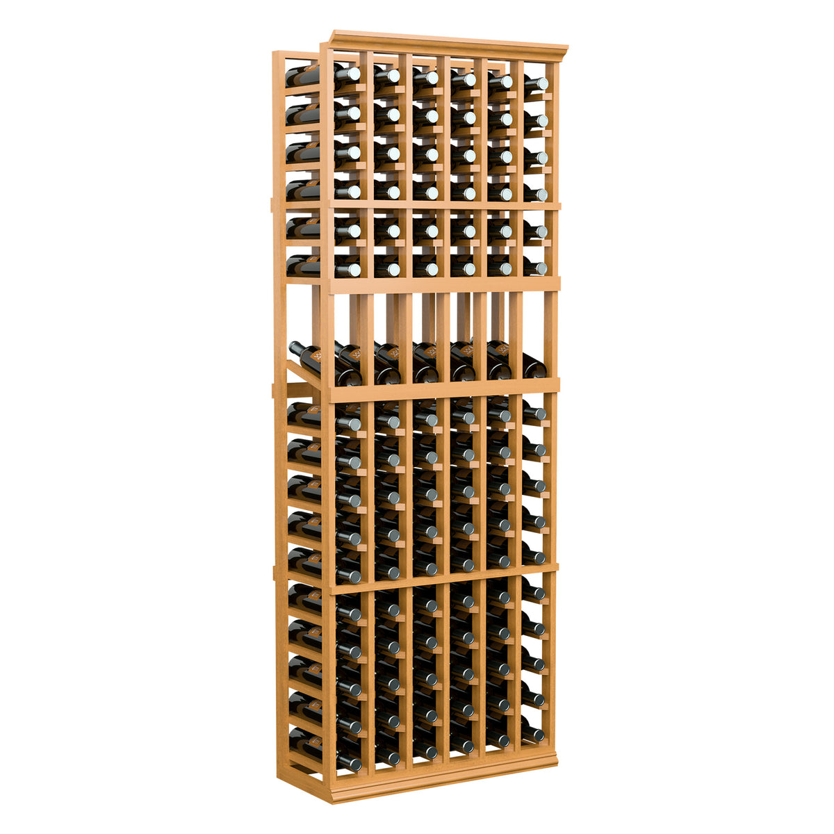 6-column wine bottle display rack with light wood frame and multiple bottle rows