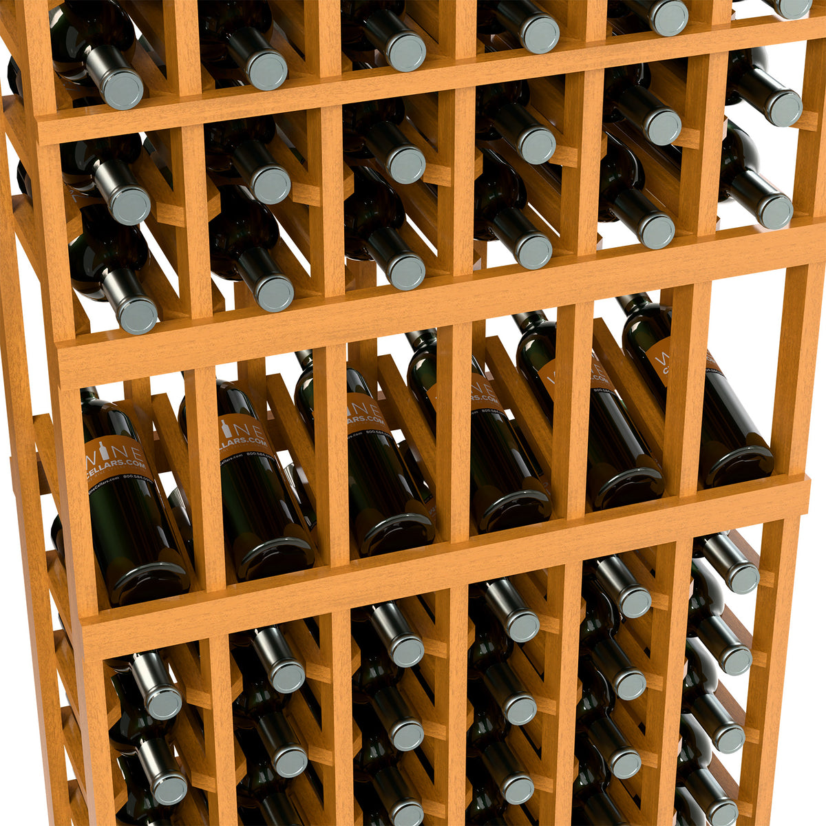 Light wood wine bottle rack close-up showing bottle necks in grid slots