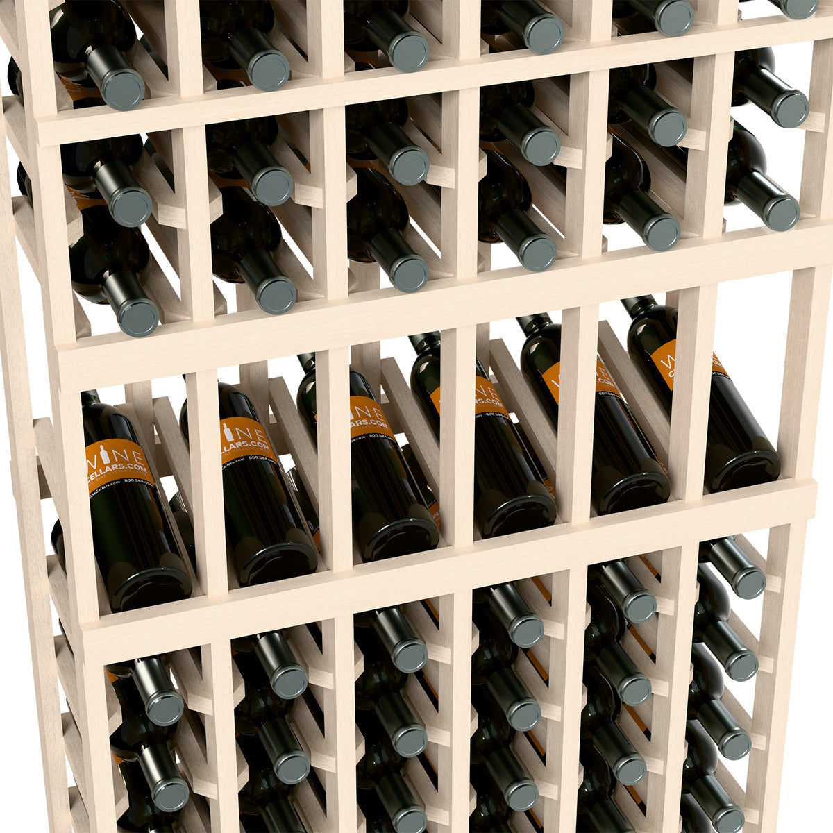 White wine bottle rack close-up with square cubbies and gray bottle caps