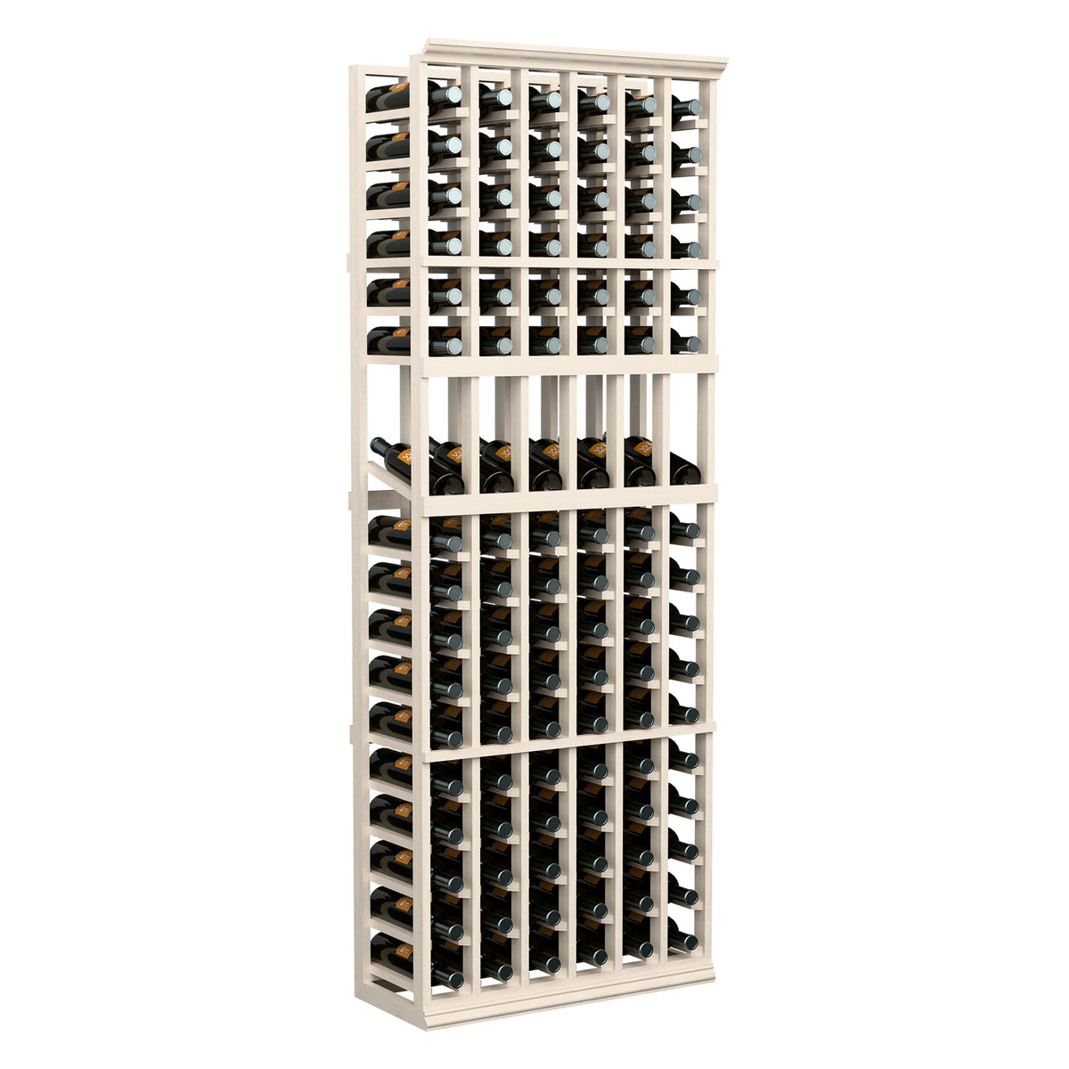 6-column wine bottle display rack with white frame and multiple bottle rows