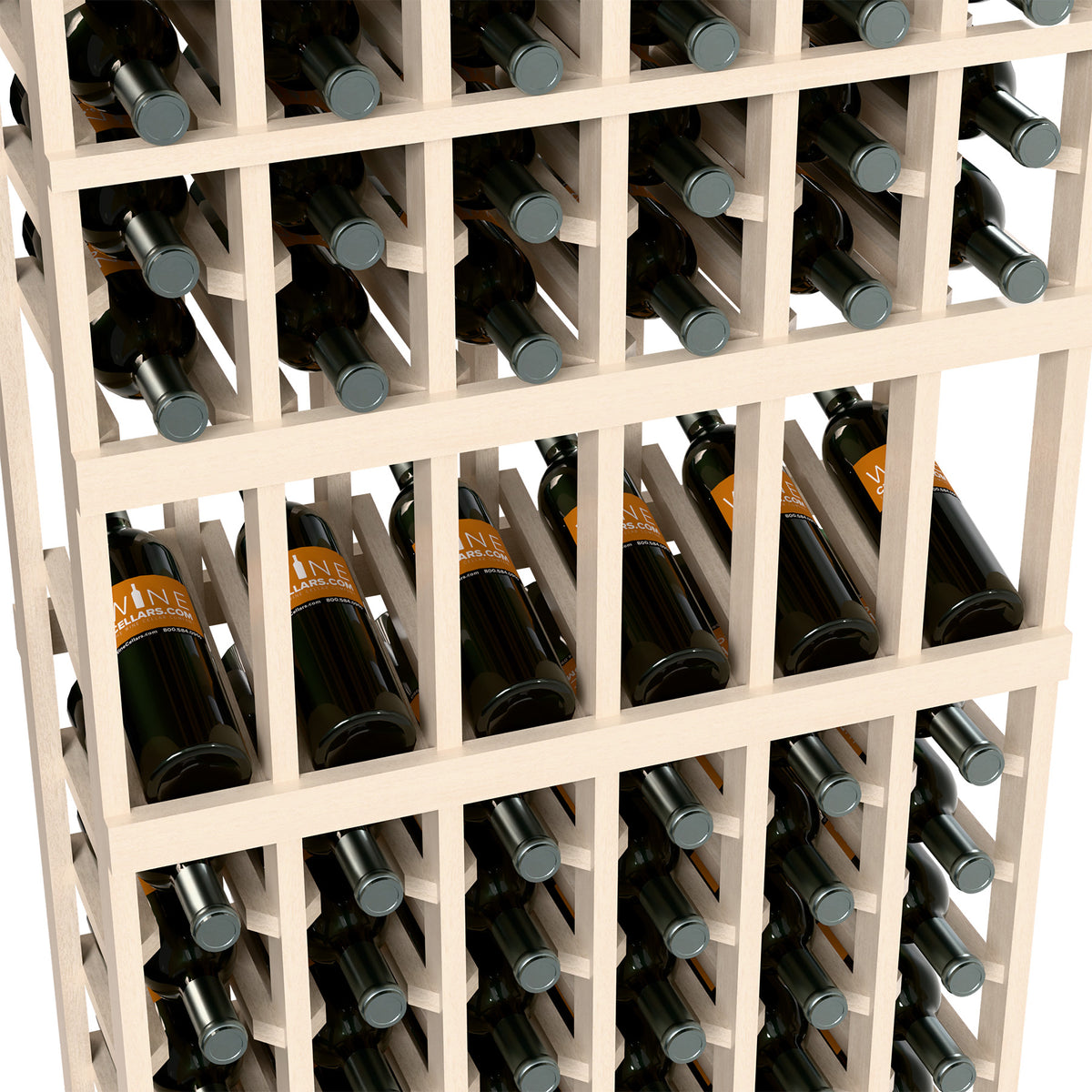 White wine bottle rack close-up showing bottle necks in grid slots