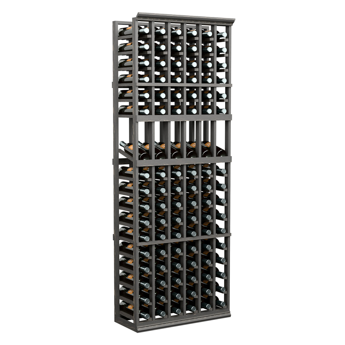 6-column wine bottle display rack with dark frame and front-facing bottle storage
