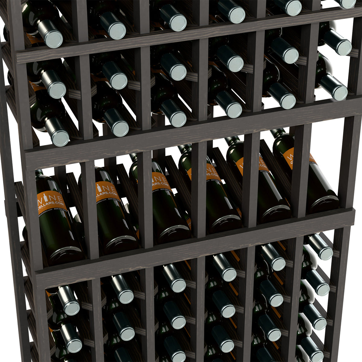 Dark 6-column wine rack with wine bottles stored in grid slots