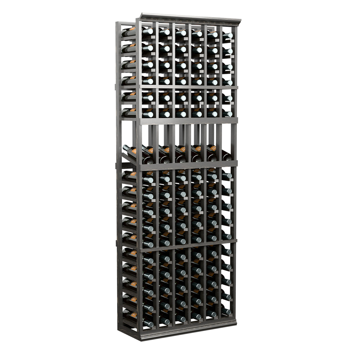 6-column wine bottle display rack with dark frame, rows of bottle holders