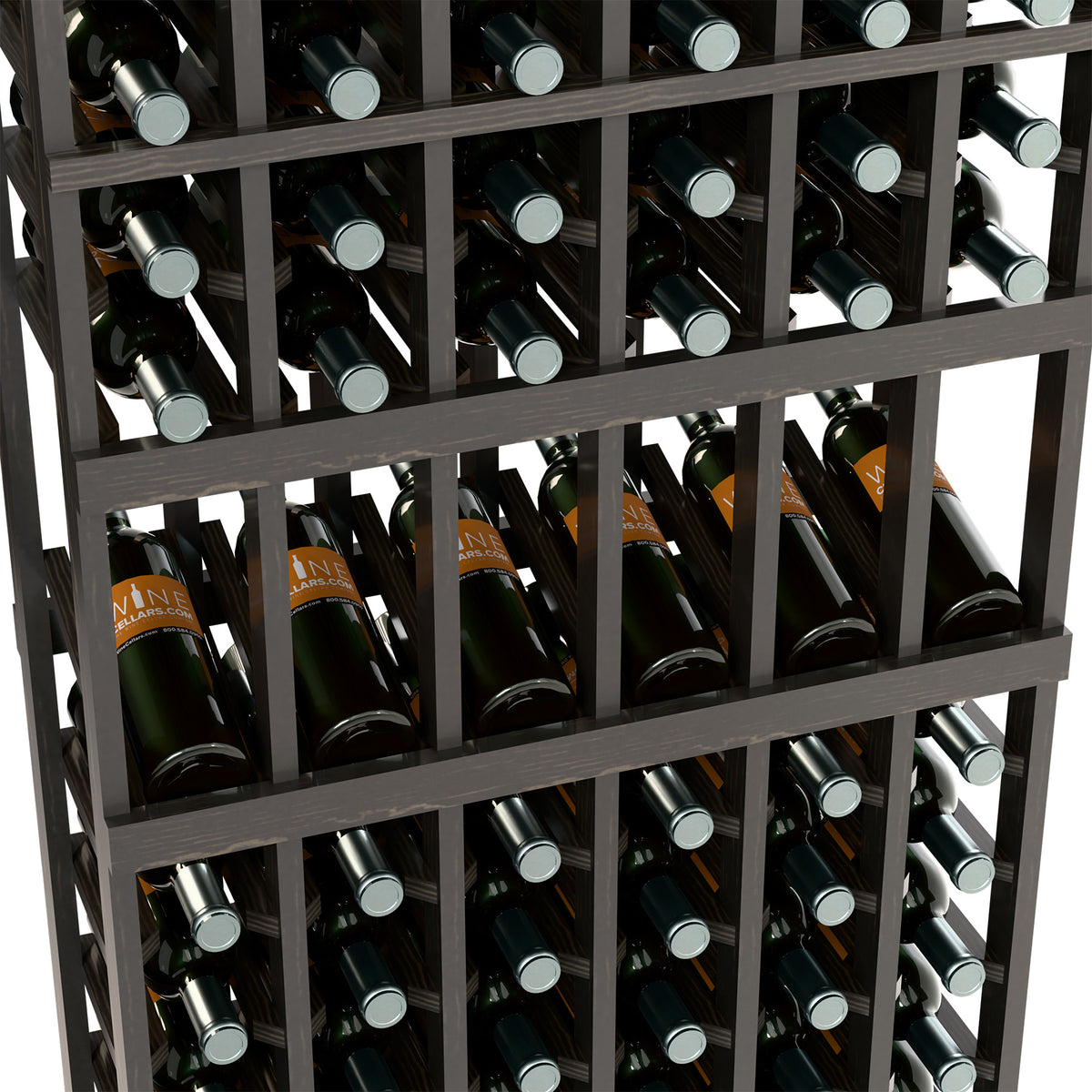 Close-up of dark wine bottle rack showing multiple bottles in 6-column grid