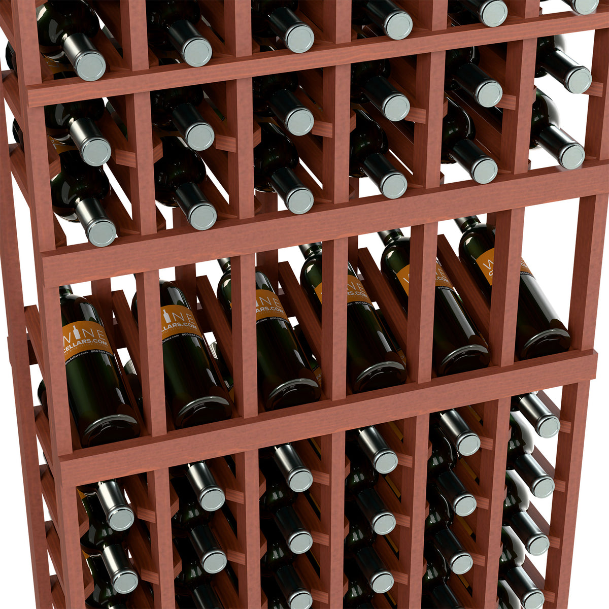 Warm wood 6-column wine rack close-up with bottles in individual square slots