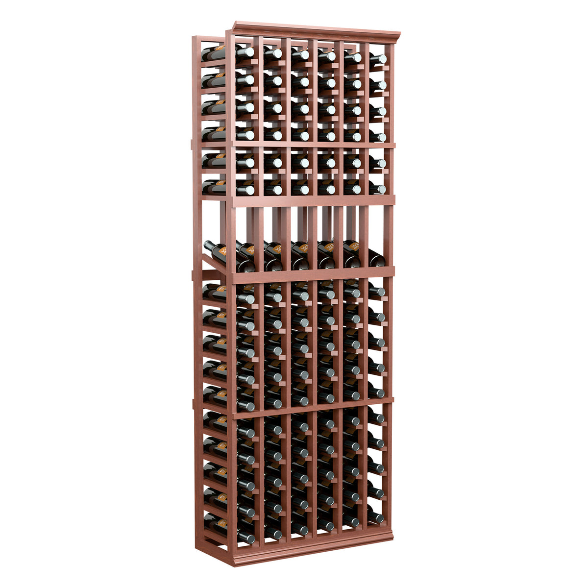 6-column wine bottle display rack with warm wood frame and front bottle grid