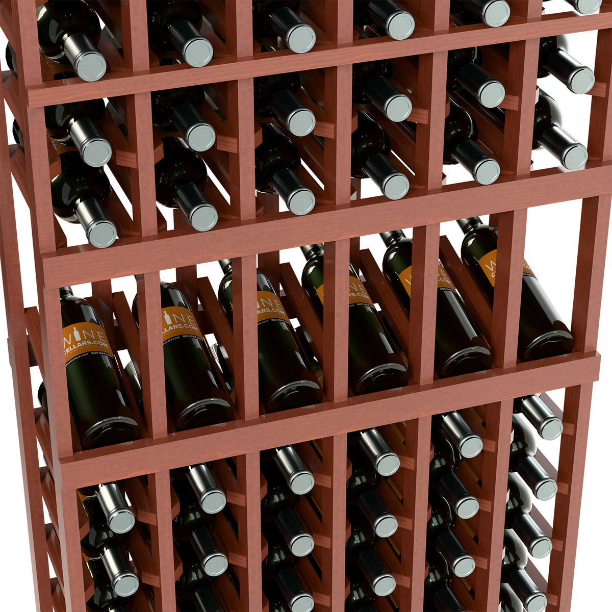 Warm wood wine rack close-up with bottles arranged in 6-column slots