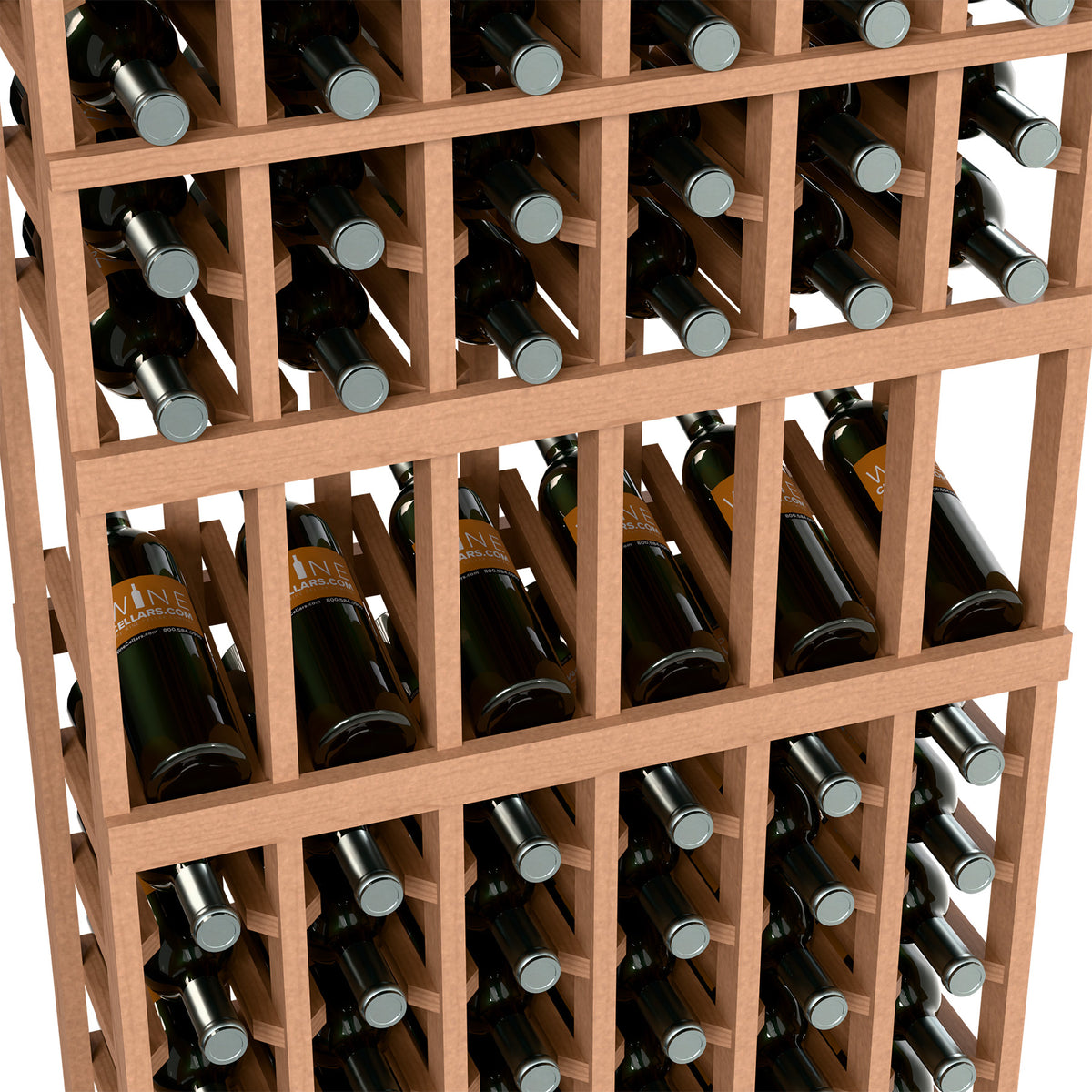 Light wood 6-column wine rack close-up with bottles stored in grid compartments