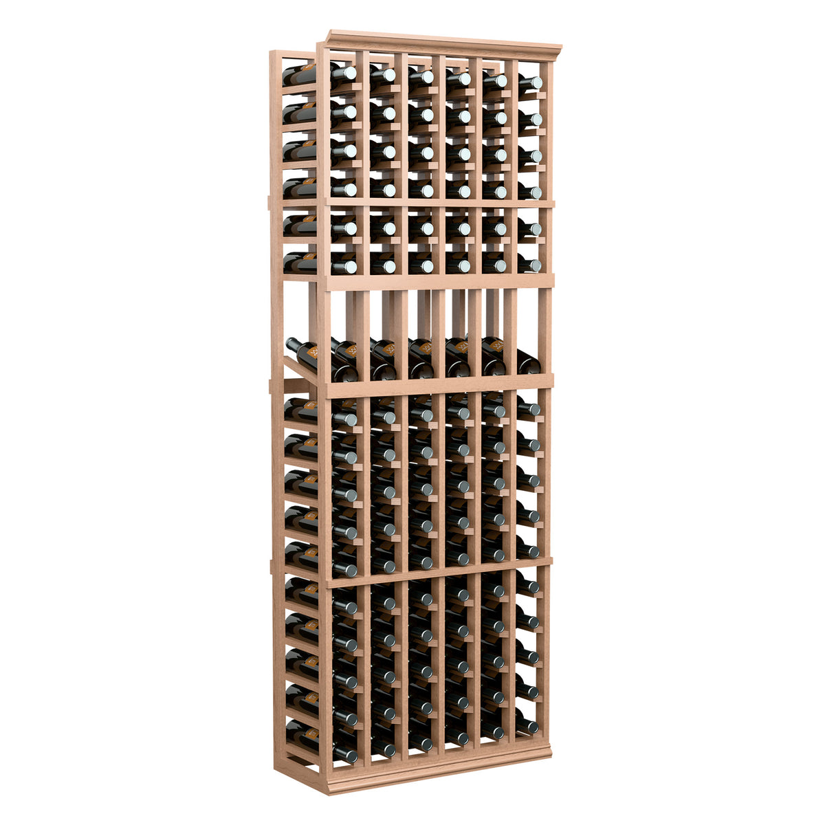Wood wine display rack with six columns, front-facing bottle storage cubbies