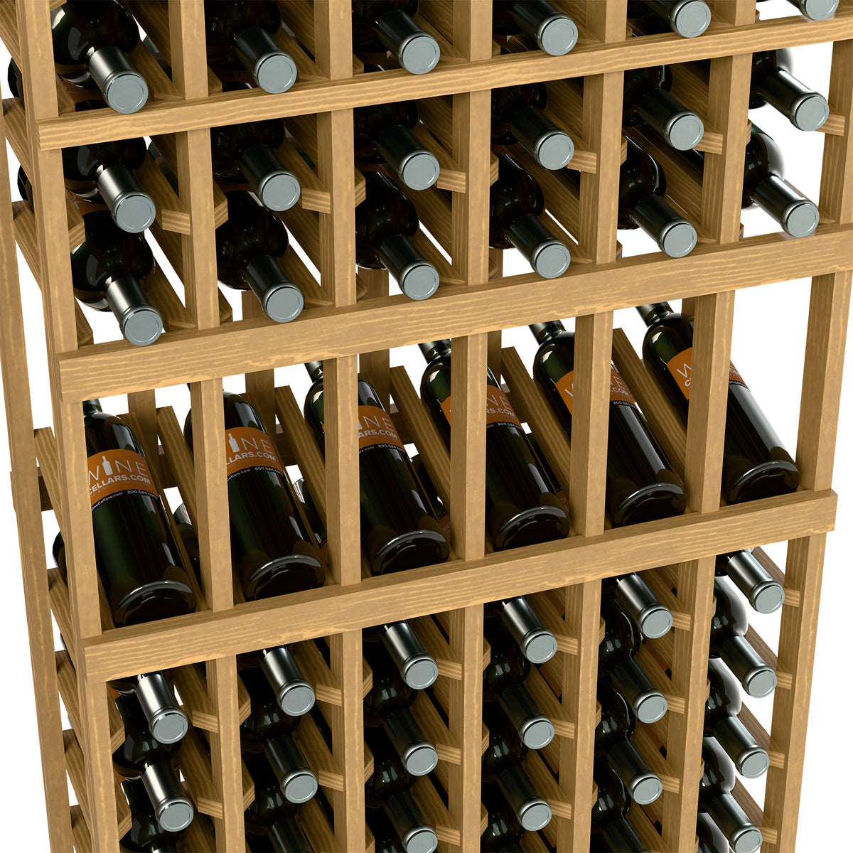 Wood wine rack close-up with front rows of bottles in square storage slots