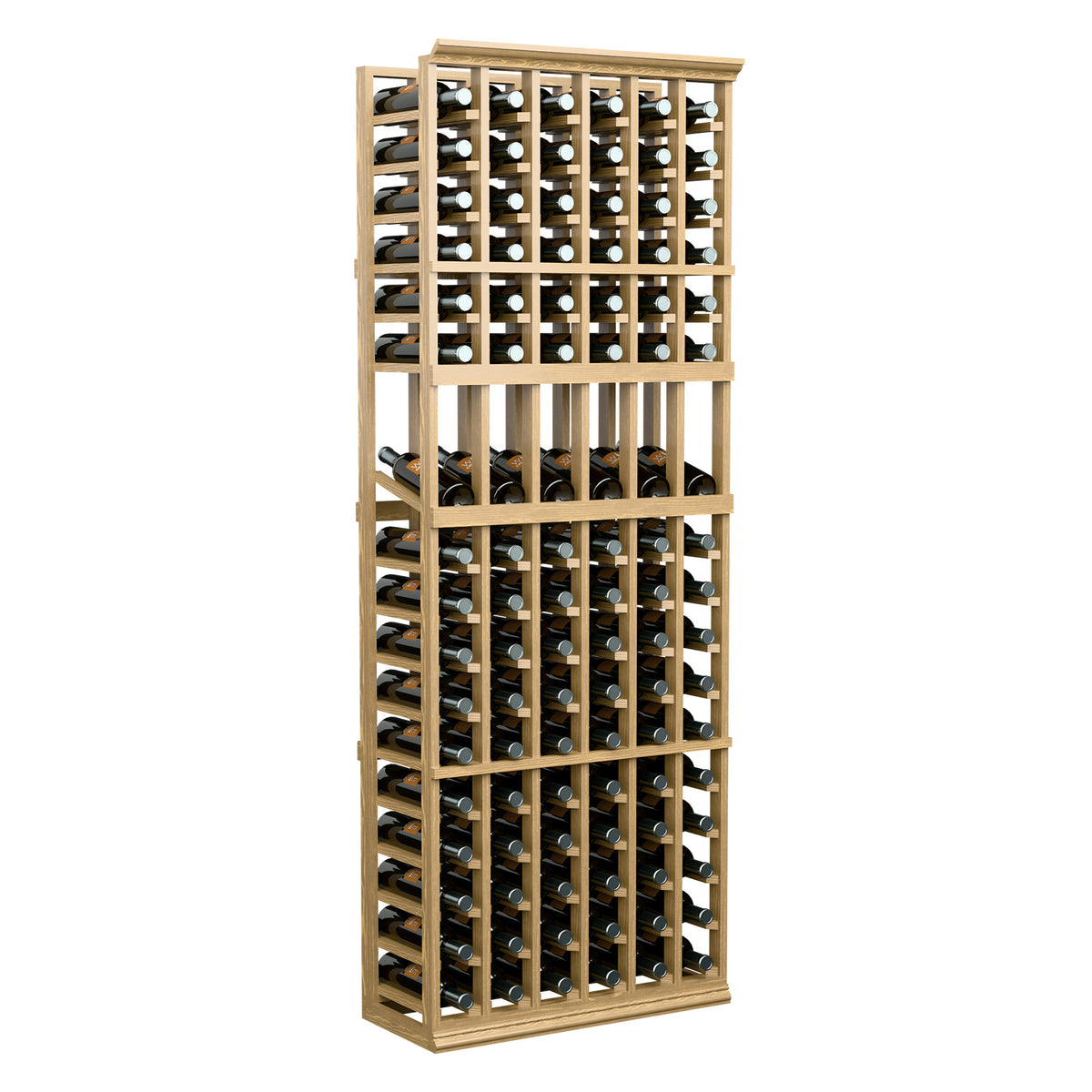Wood wine display rack with six columns and bottle cubbies across multiple levels