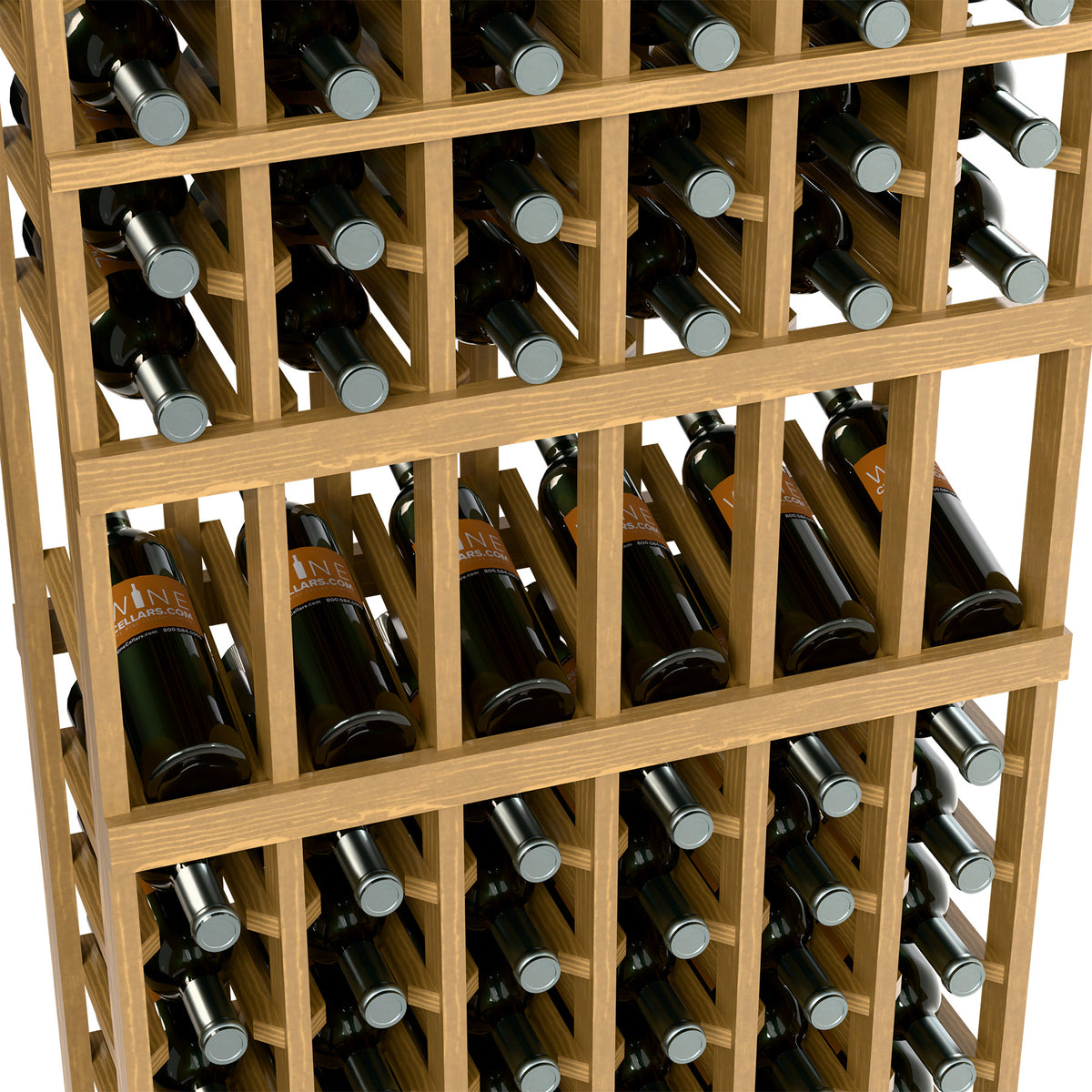 Front view of wood wine rack with stacked bottle rows in square cubbies