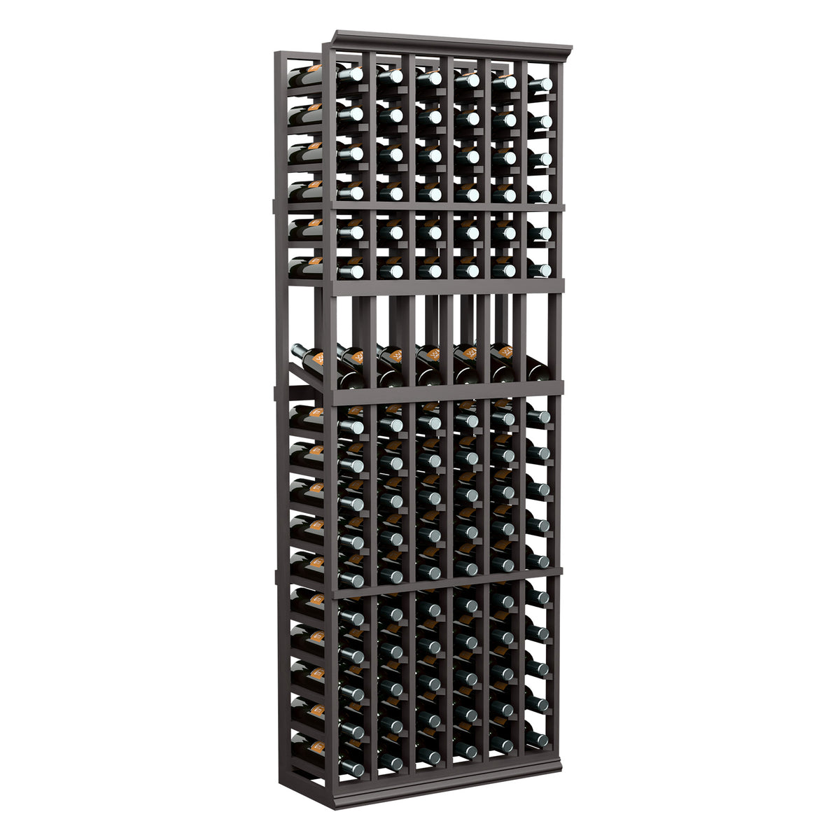 Dark wood wine display rack with six columns and front-facing bottle storage cubbies