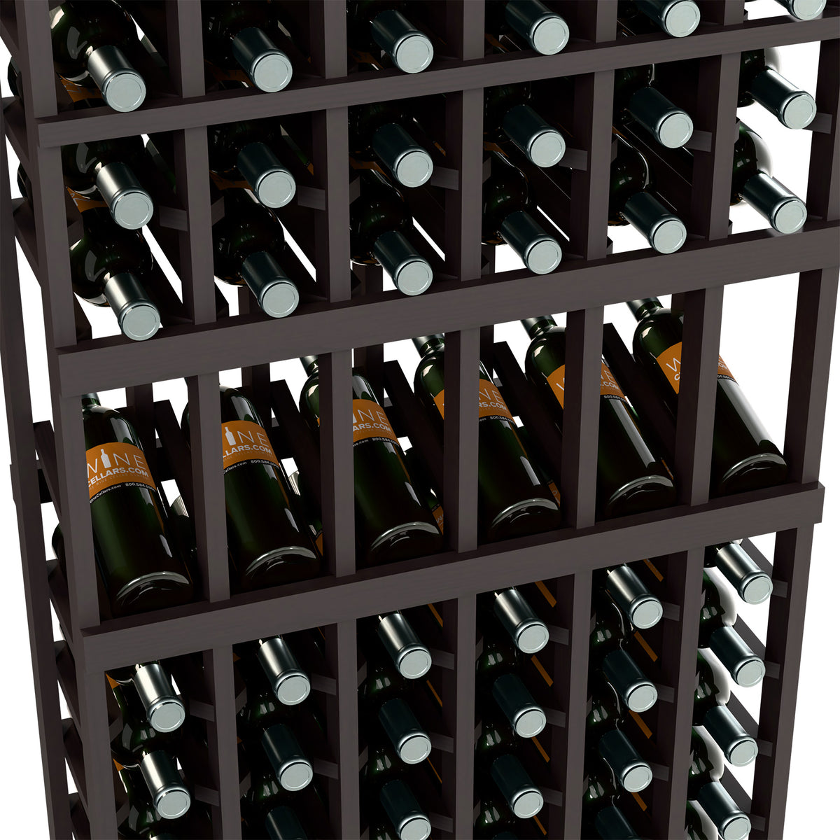Dark wood wine rack close-up showing bottle rows in square cubbies with caps