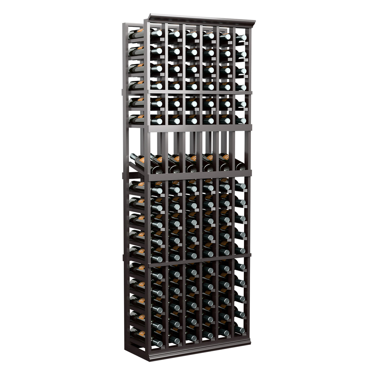 Dark wine display rack, six columns of front cubbies for holding multiple bottles