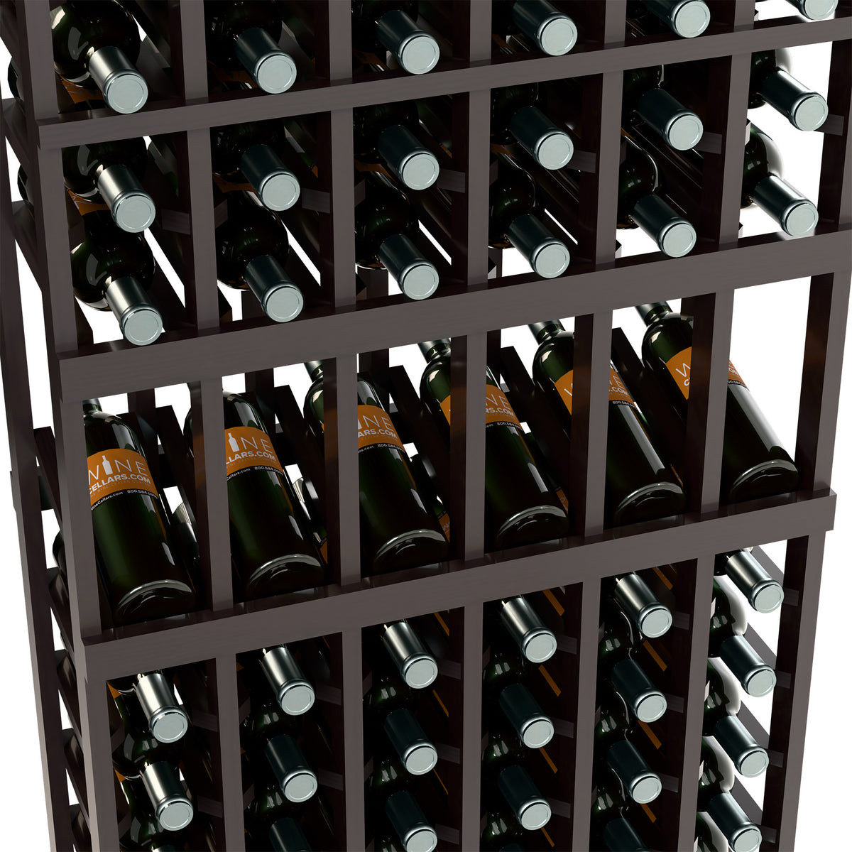 Close-up of dark wood wine rack front with stacked bottle rows in cubbies