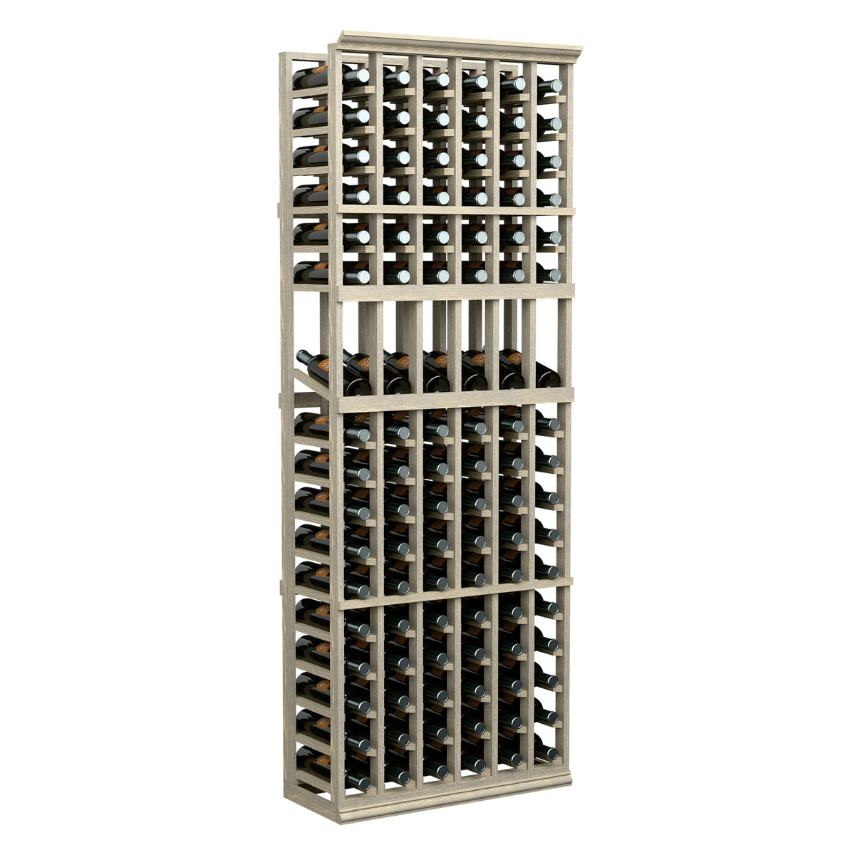 Six-column wine bottle display rack with light wood frame and metal bottle holders