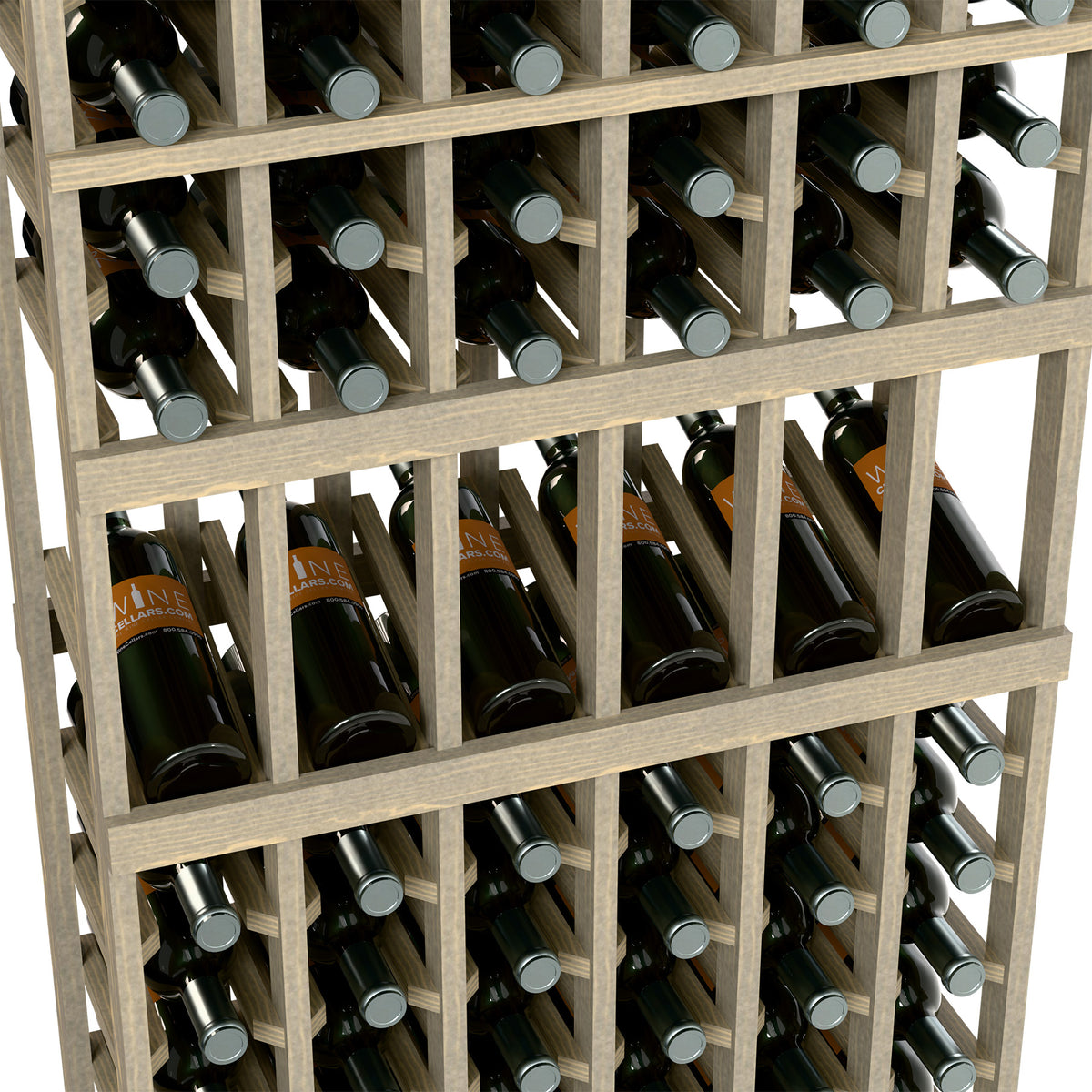 Close-up of light wood wine rack with rows of bottles and gray metal bottle caps