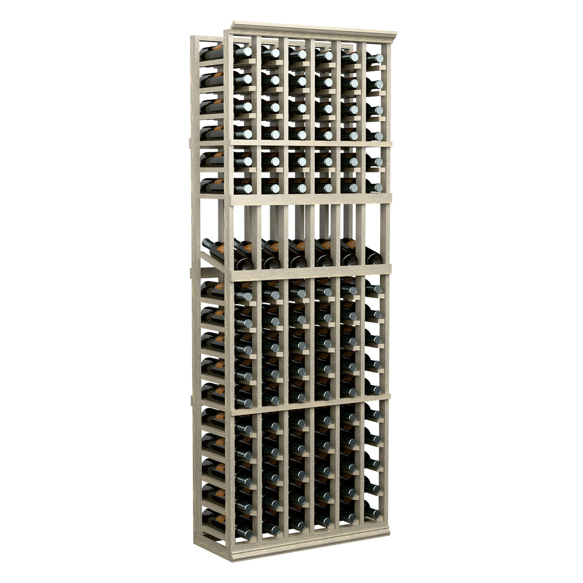 Six-column wine bottle display rack with light wood frame and front bottle compartments
