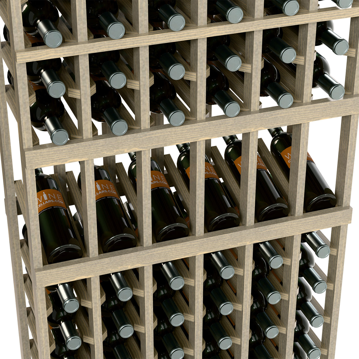 Front view of light wood wine rack showing bottle slots and gray metal supports
