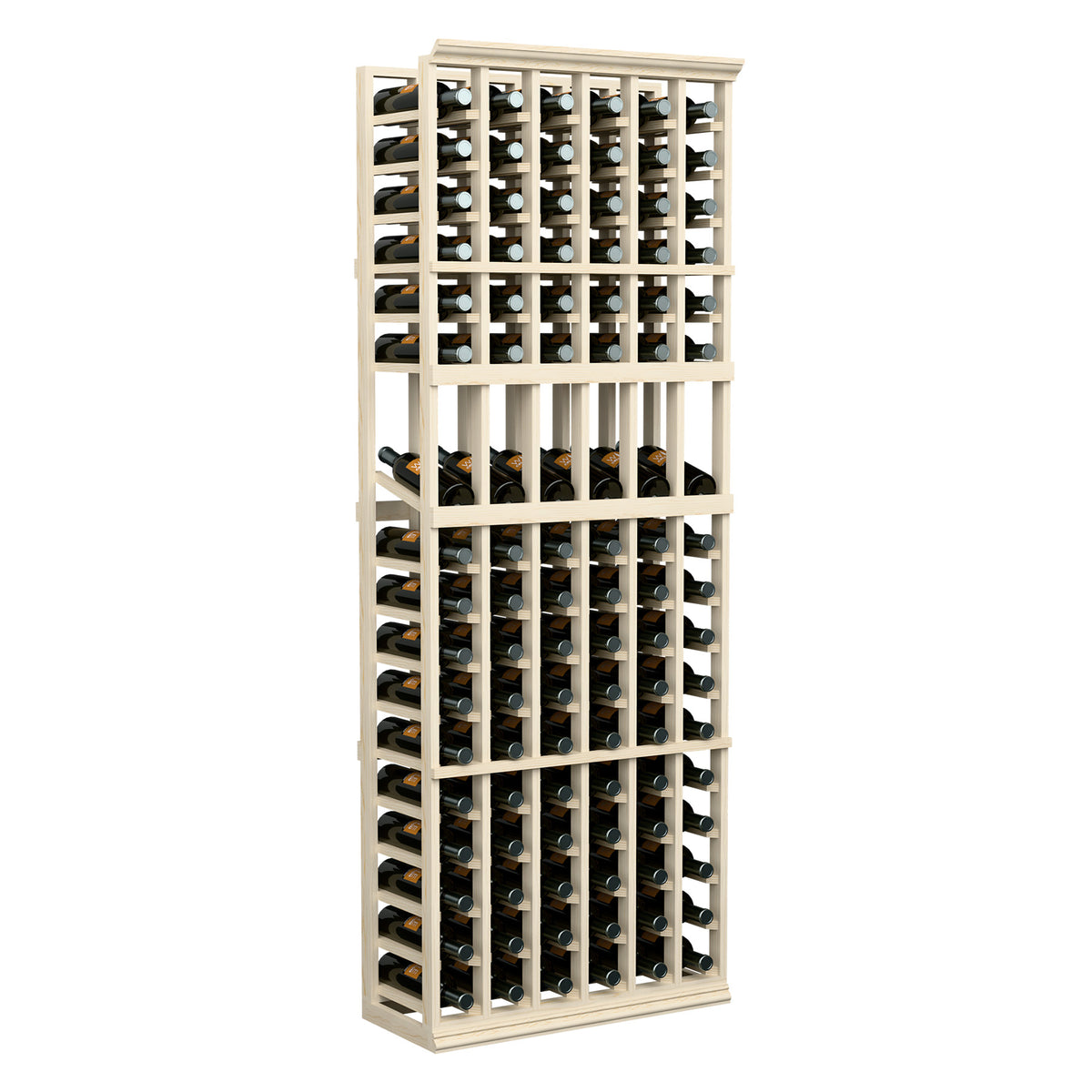 Tall six-column wine bottle display rack with light wood frame and open storage grid