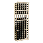Tall six-column wine bottle display rack with light wood frame and open storage grid