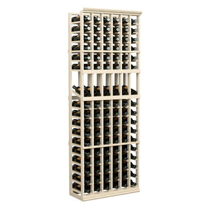 Tall six-column wine bottle display rack with light wood frame and open storage grid