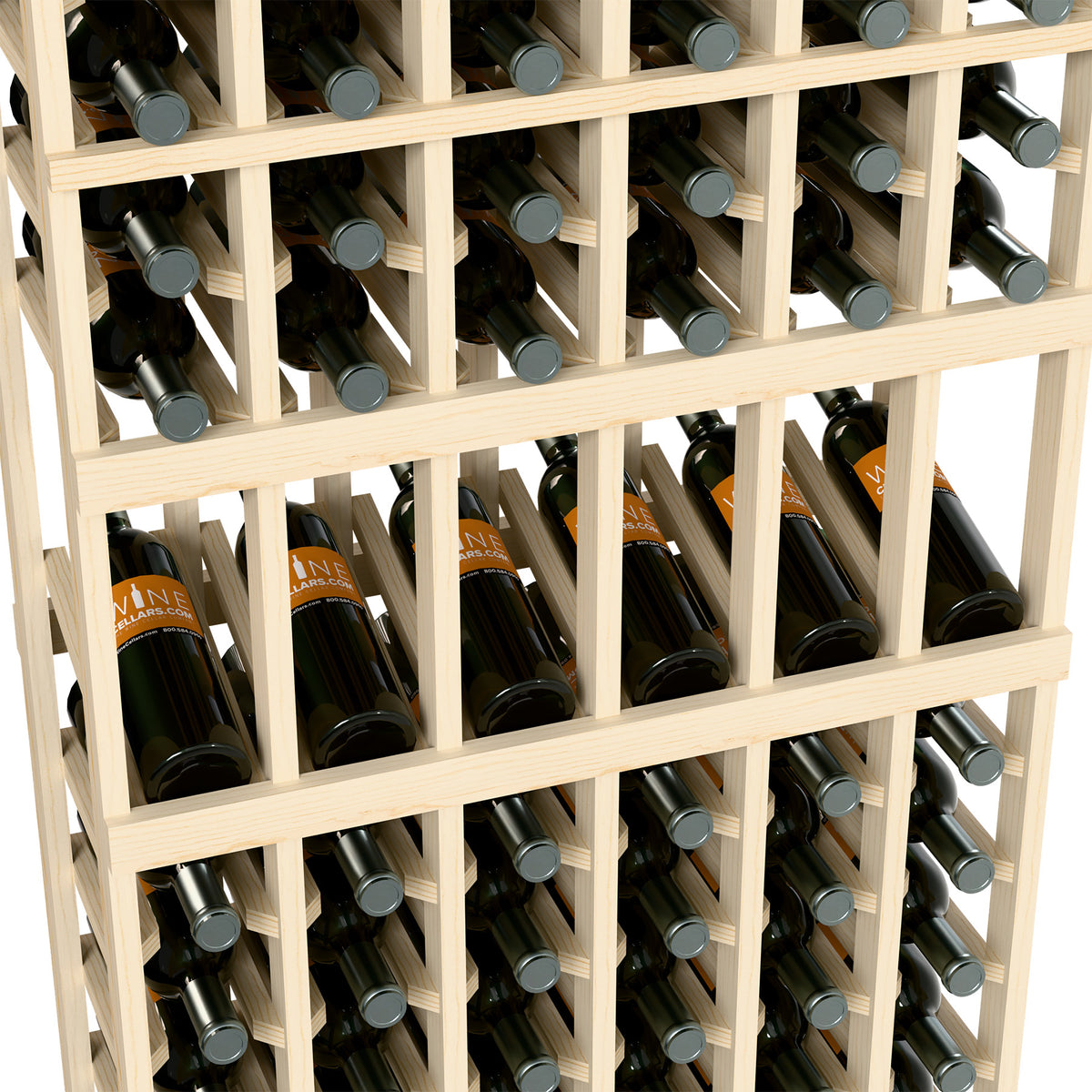 Angled view of light wood wine rack with multiple bottle rows and metal holders