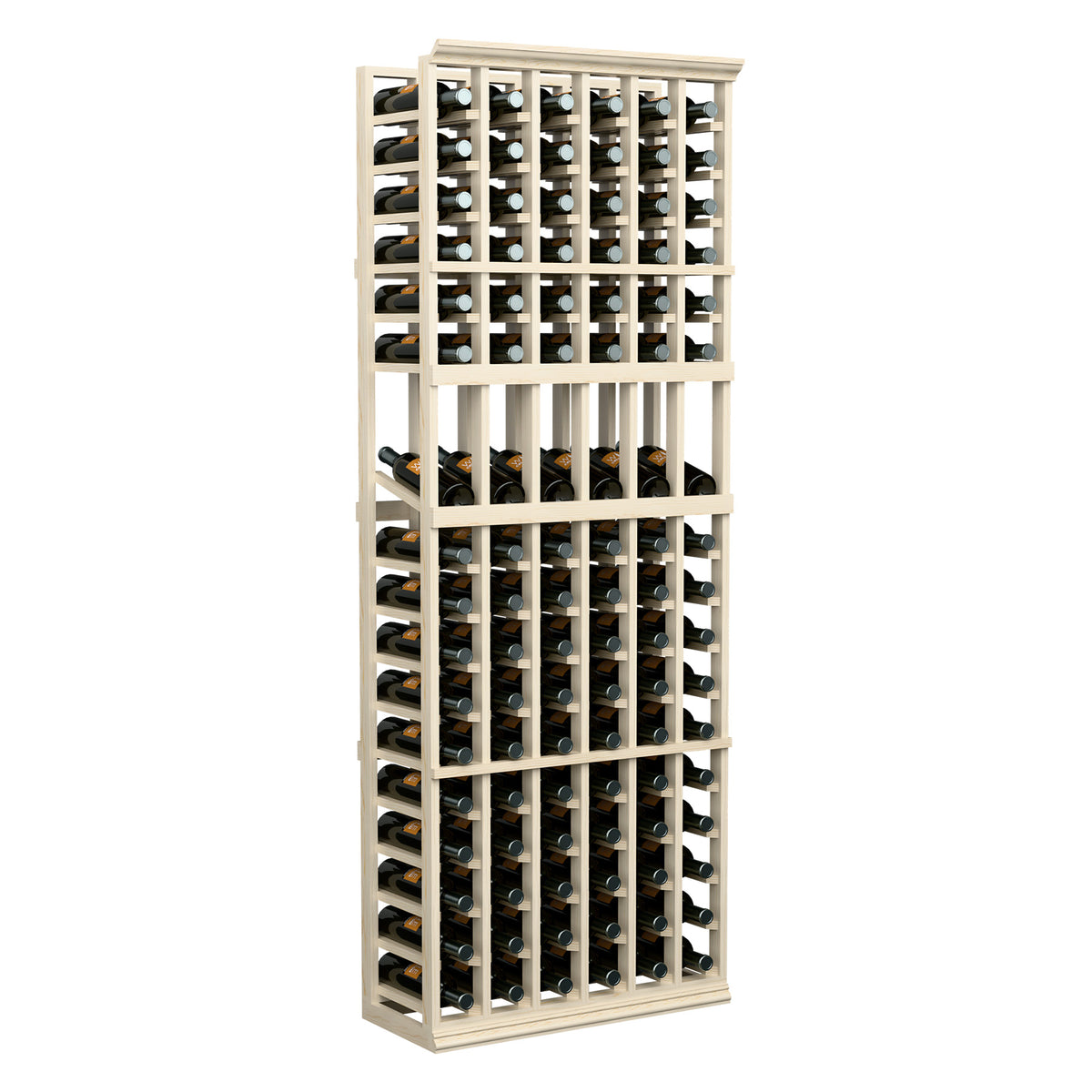 Six-column wine bottle display rack with light wood frame and filled bottle slots