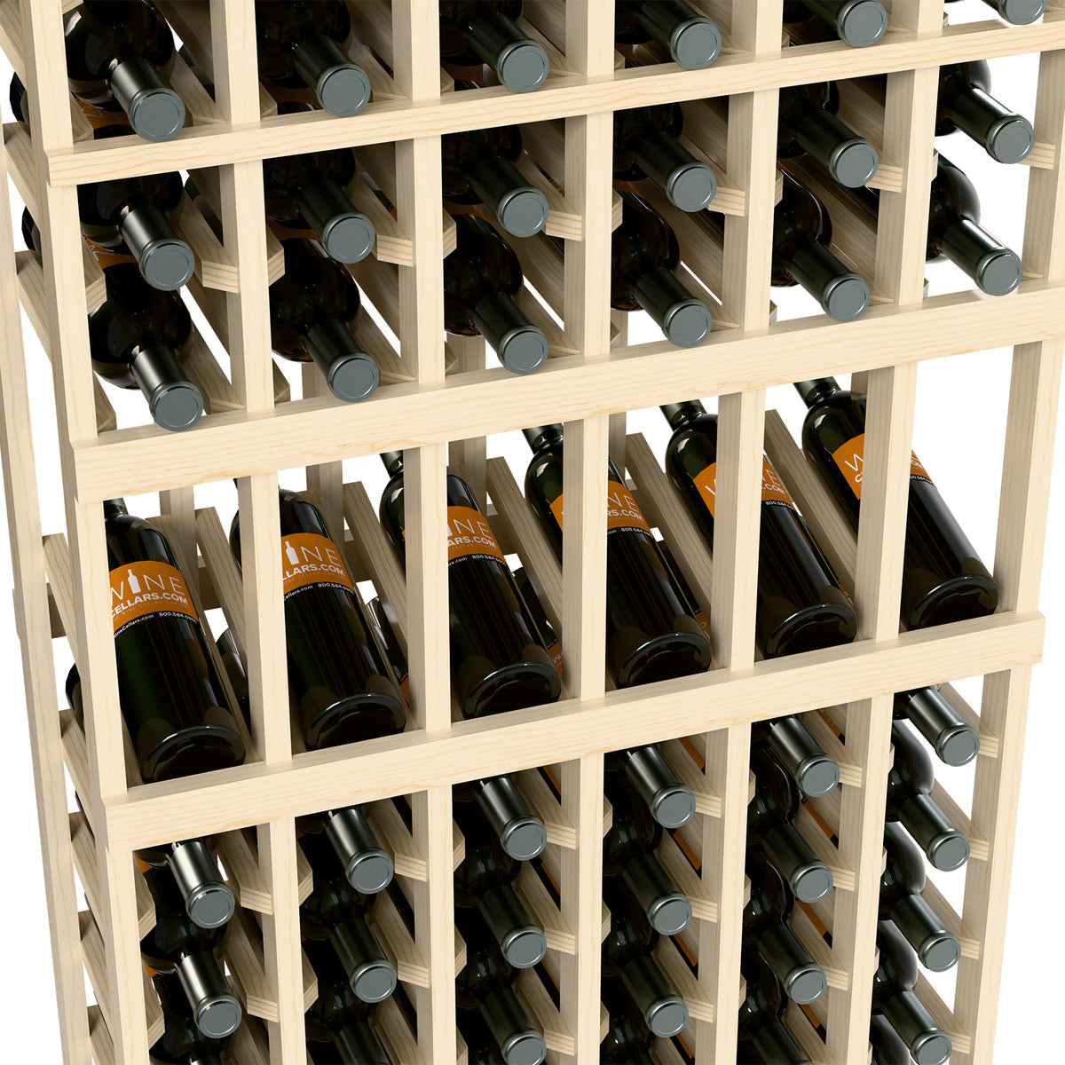 Close-up of light wood wine rack showing bottle necks through the front grid