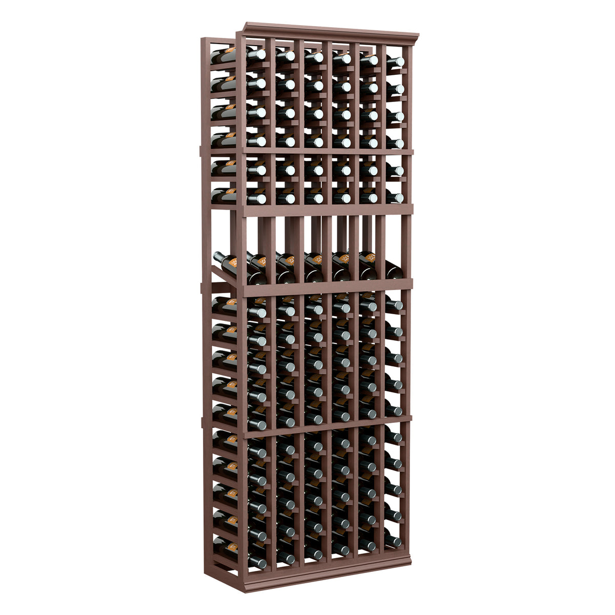 Six-column wine bottle display rack with dark wood frame and front bottle compartments