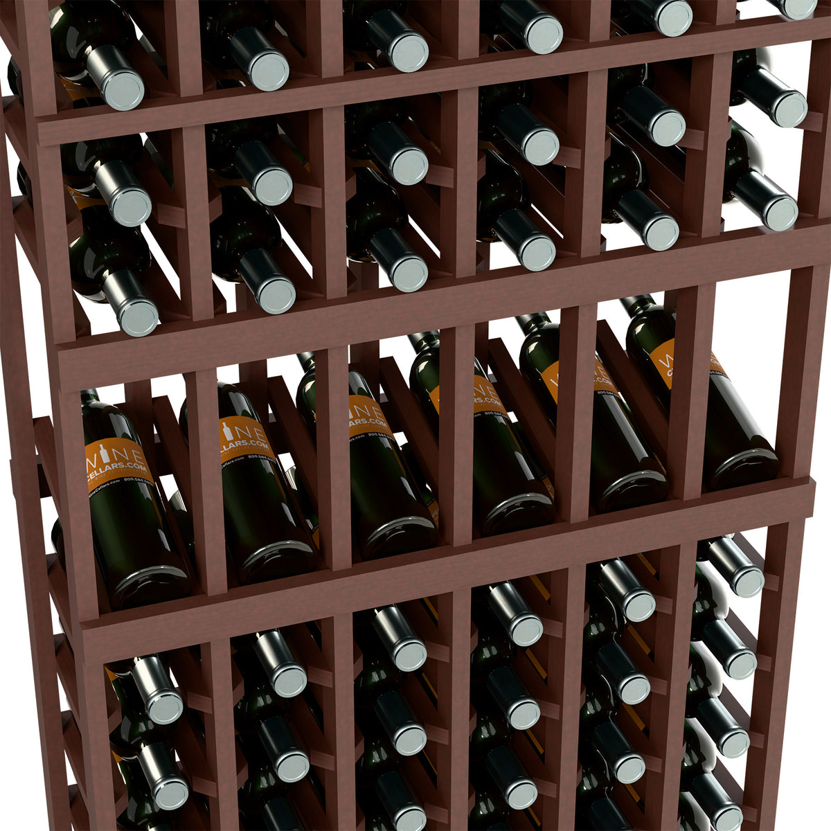 Close-up of dark wood wine rack with rows of bottles and gray metal bottle caps
