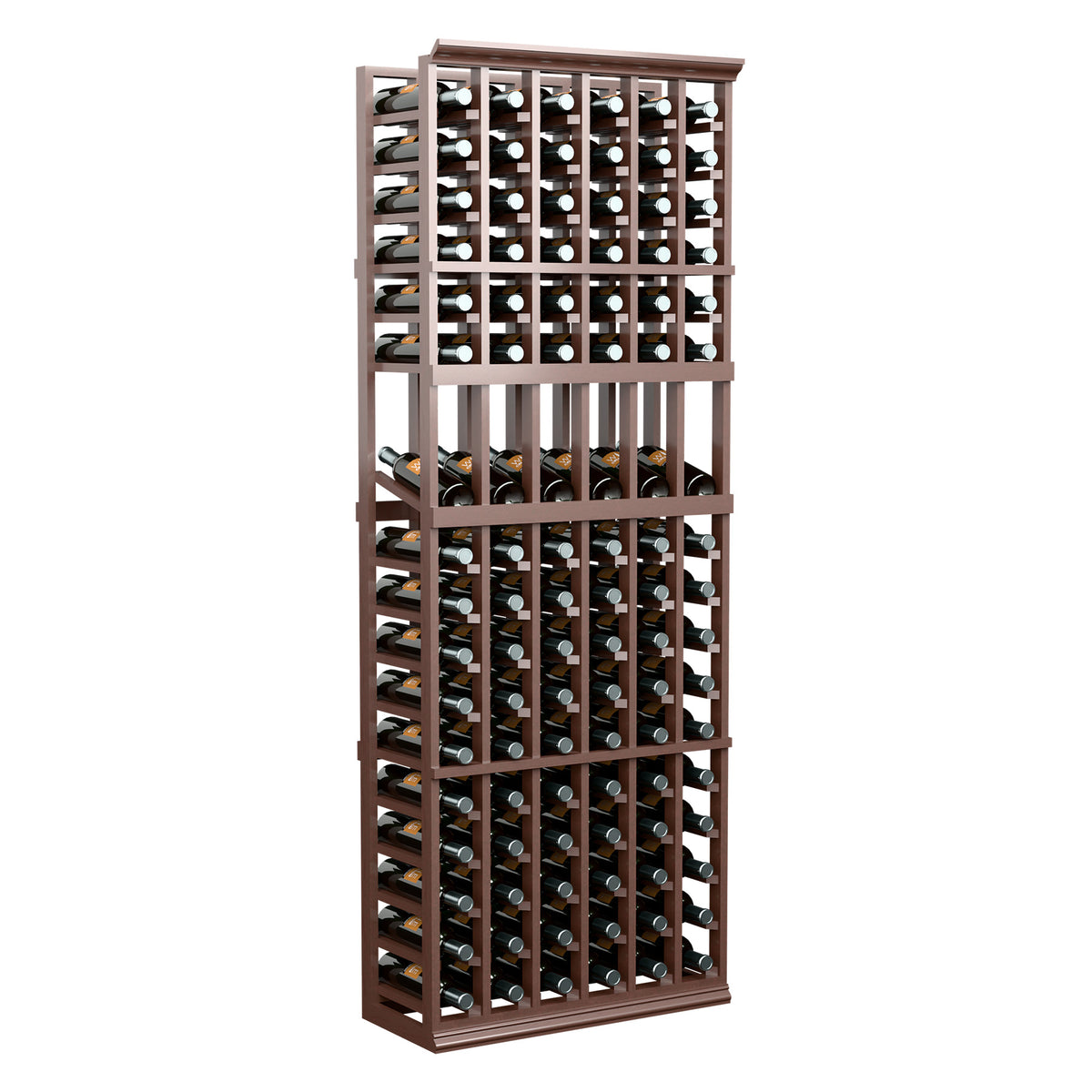 6-column wine display rack with dark wood frame, holding rows of bottles