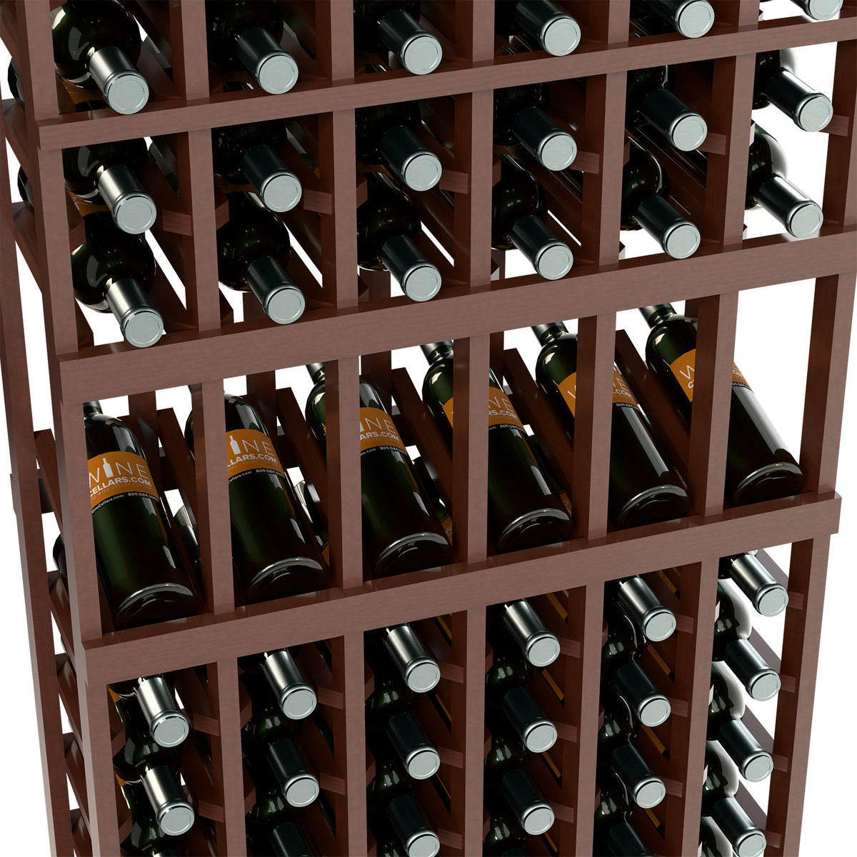 Close-up of dark wood wine rack with bottle slots and gray bottle neck caps