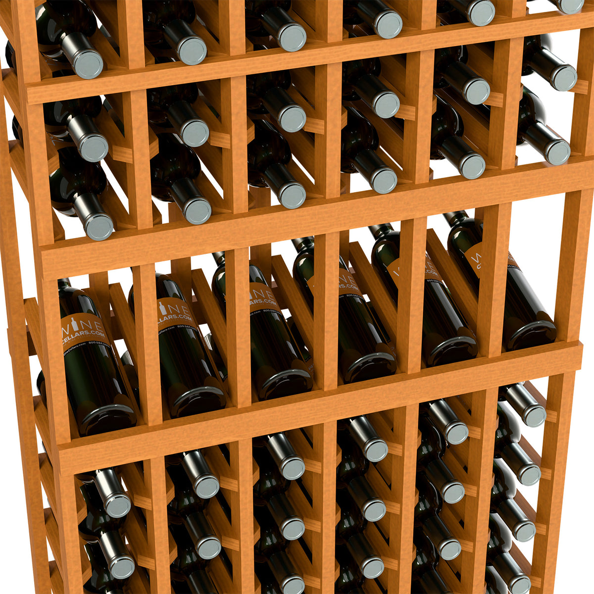 Close-up of light wood wine rack with bottle slots and gray bottle neck caps
