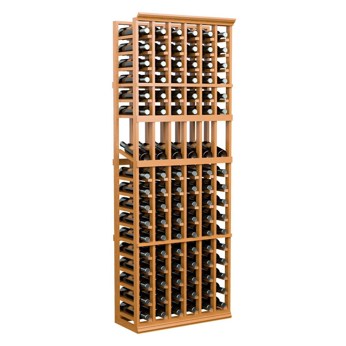 6-column wine display rack with warm light wood frame and multiple bottle rows