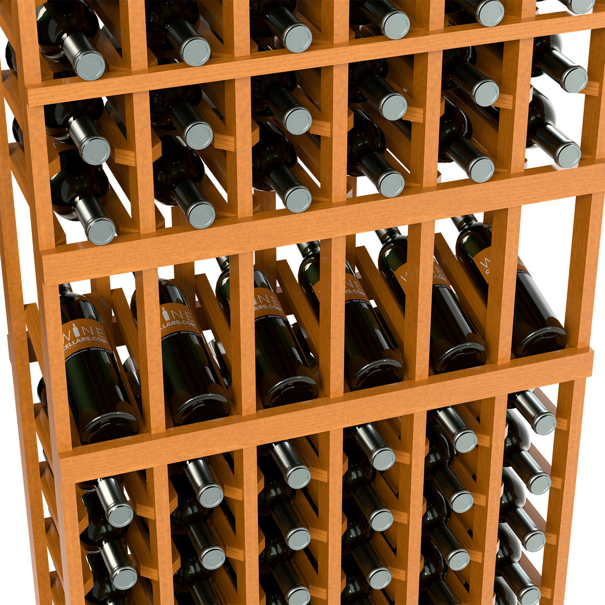 Close-up of warm light wood wine rack with bottle slots and gray neck caps